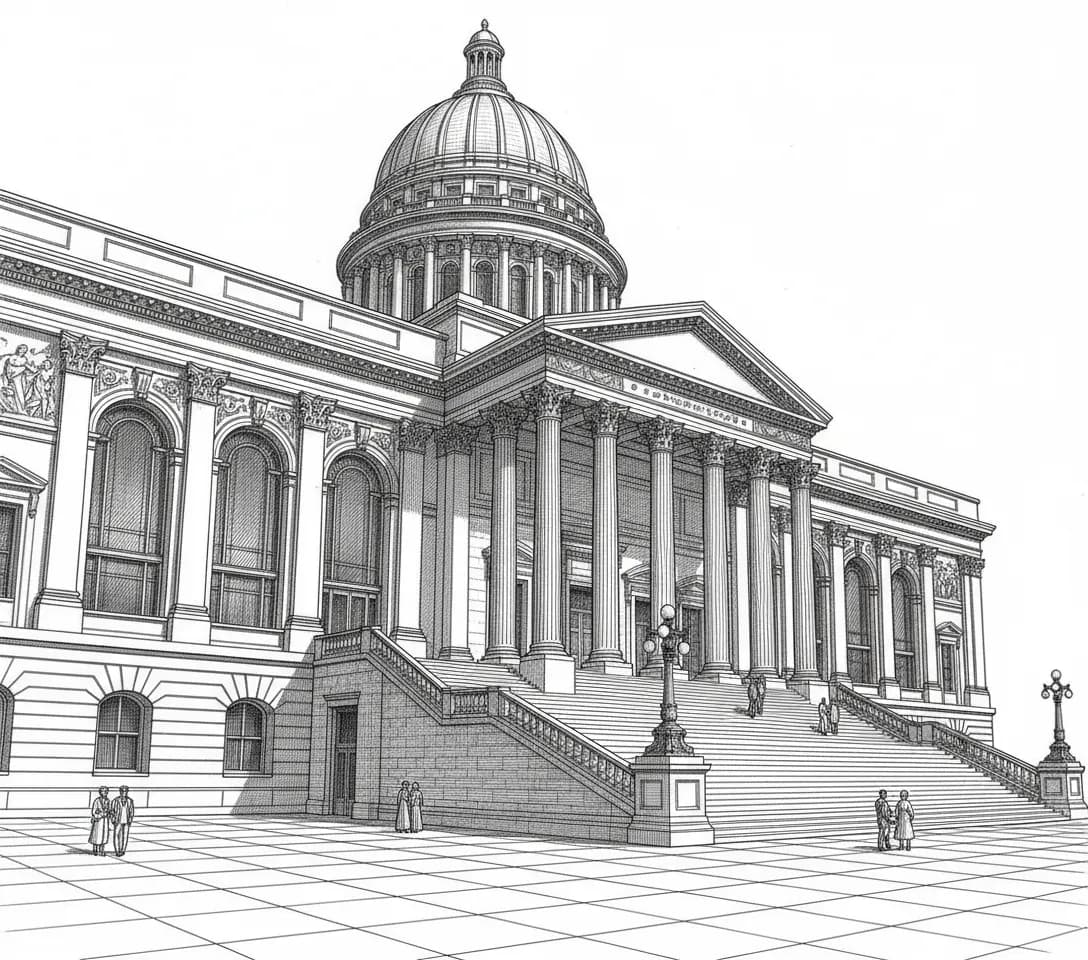 Line drawing of a domed capitol building above a broad flight of steps, seen from the plaza