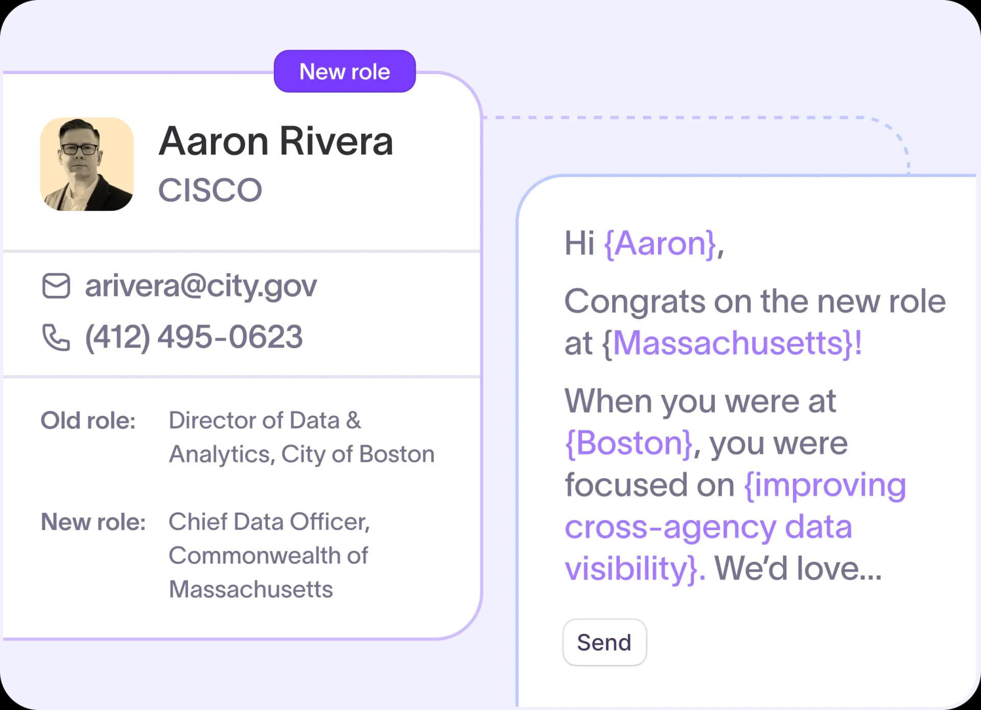 A contact table of government roles with emails, phone numbers, scores, and a sync-to-CRM column